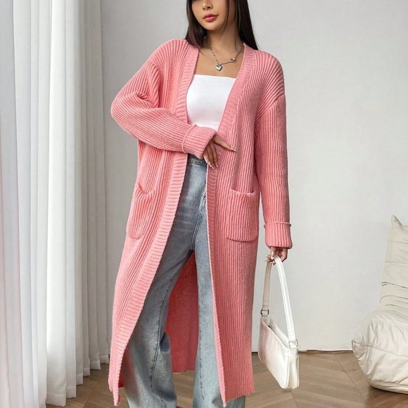 Dusty Pink Casual Womens Dual Pocket Drop Shoulder Open Front Cardigan - Picture 3 of 5